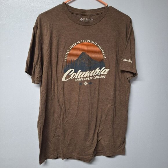 Columbia Tee Shirt Brown PNW Mountain Mens Large Pacific North West Short Sleeve - Picture 2 of 6
